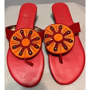 Talbots Red Leather Thong Sandals Orange Suede Floral Medallion Womens 7.5